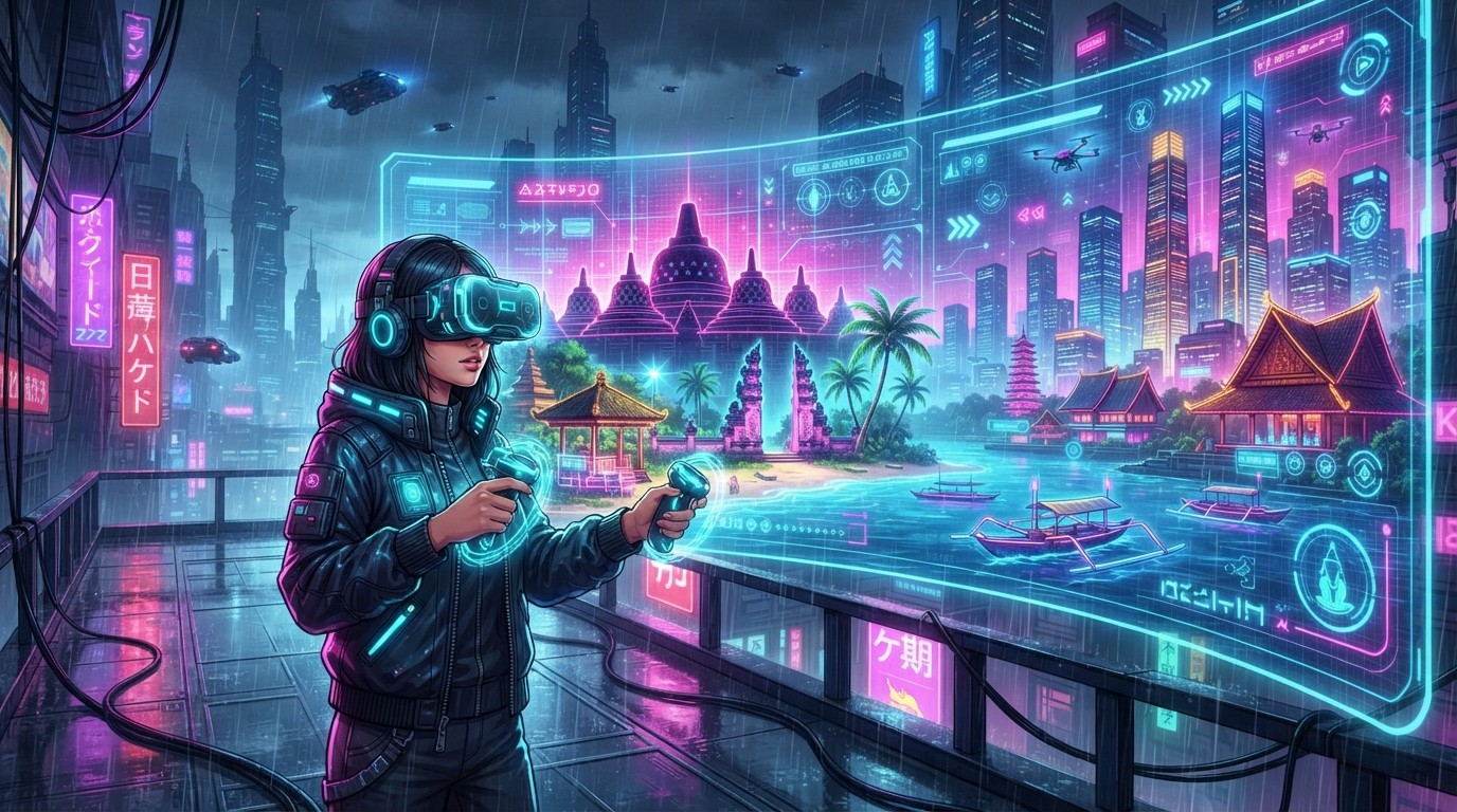 Virtual Tour Indonesia 2026 - ilustrasi VR cyberpunk destinasi Indonesia